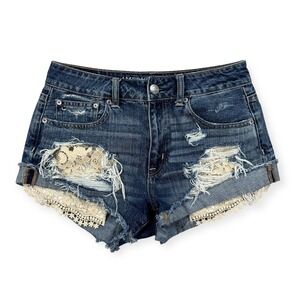 American Eagle Booty Shorts Women's 30 Micro Mini Festival Dark Wash Distressed